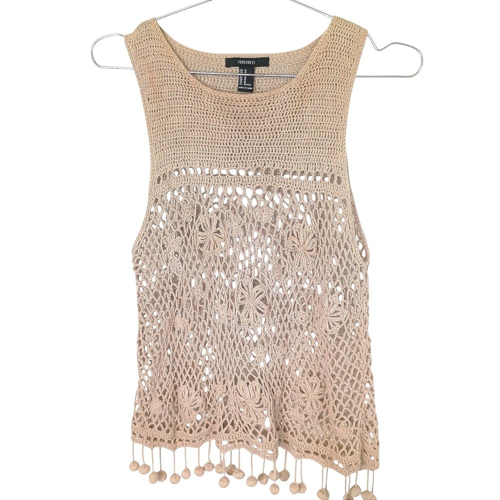 Forever 21 Vintage Womens Tan Crochet Floral Pom Pom Fringe Tank Top Size M Boho